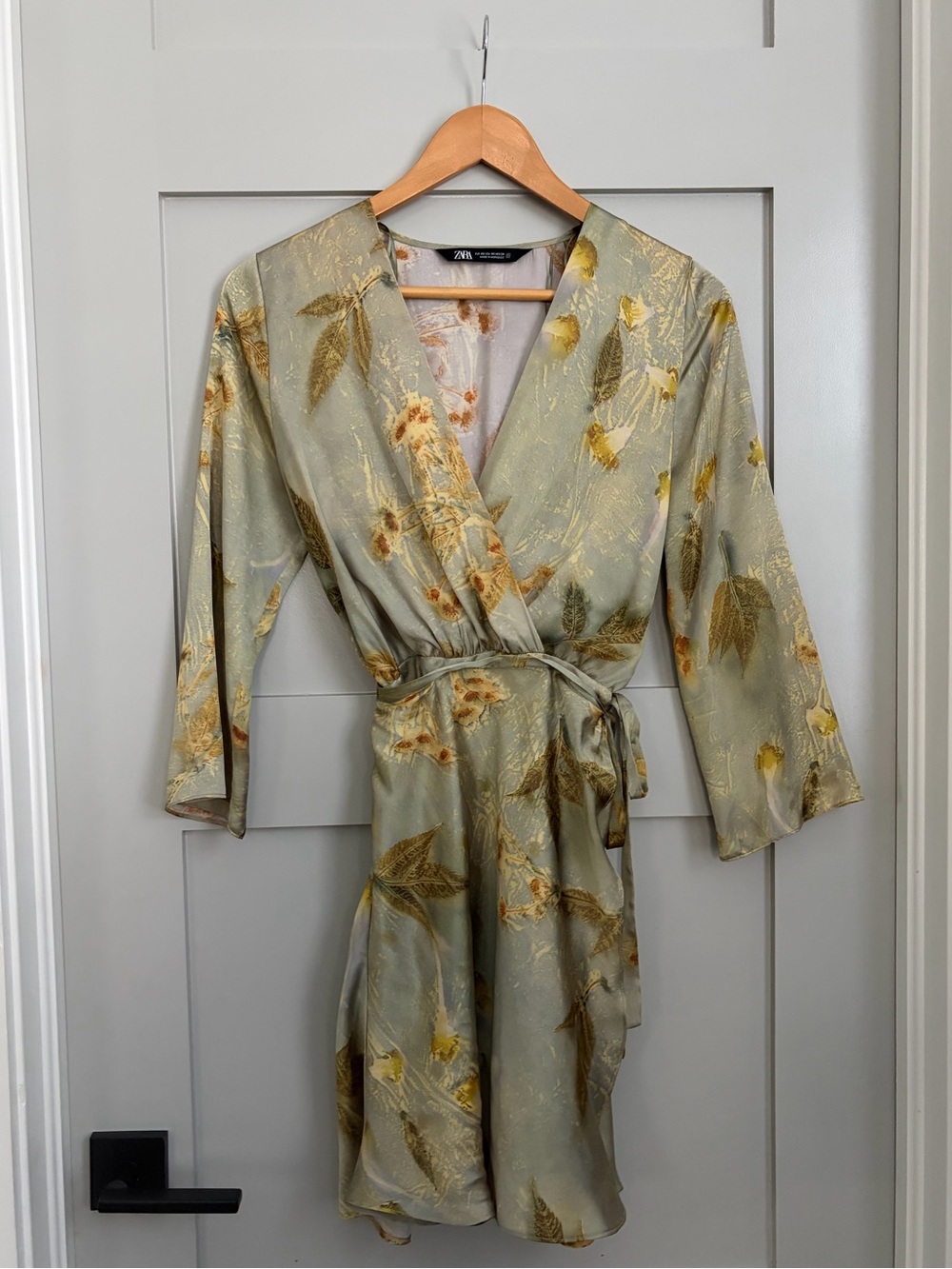 Zara Green Floral Satin Wrap Dress